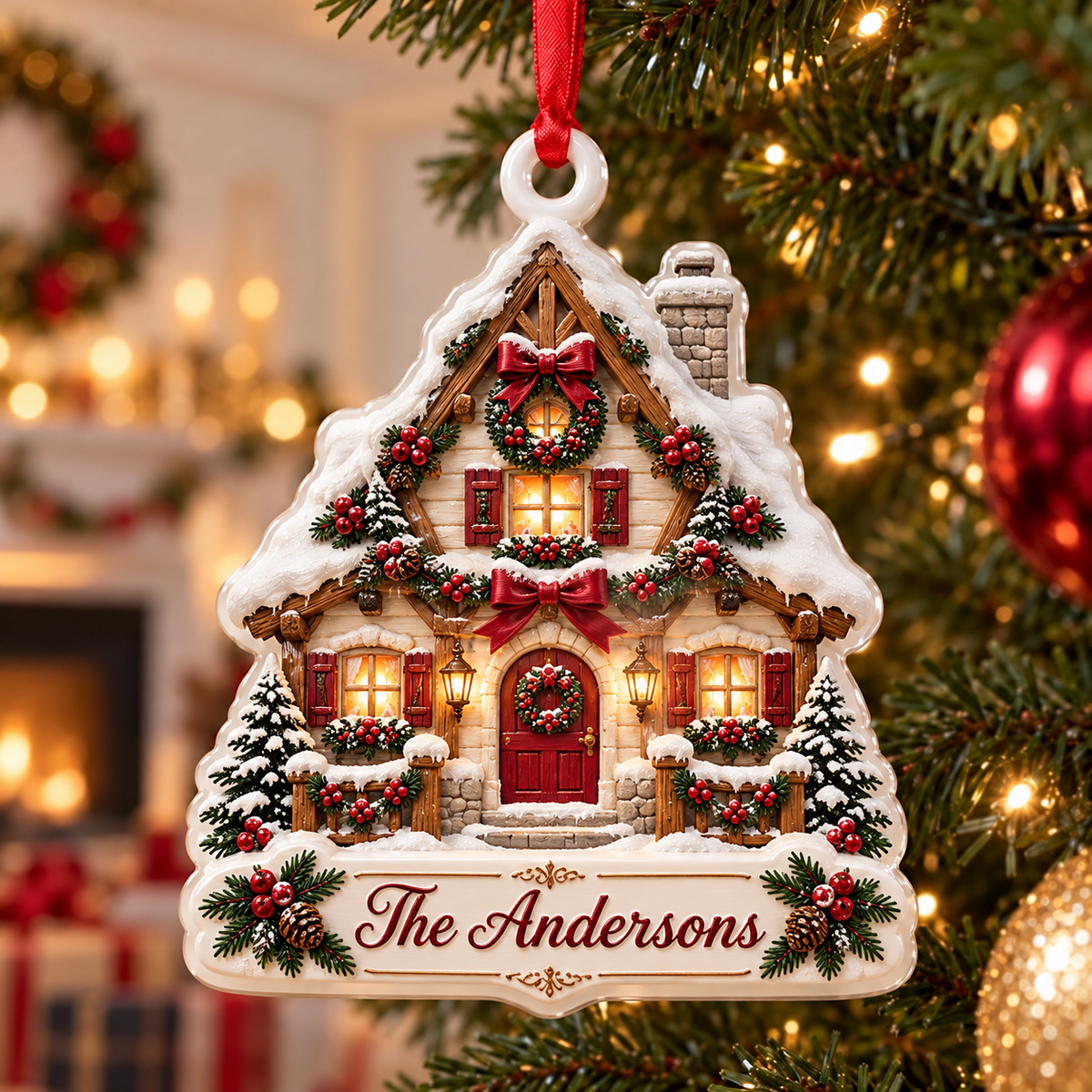Winter Cottage House Plaque Holiday Tree Hanging Accent - 3D Relief Ornament