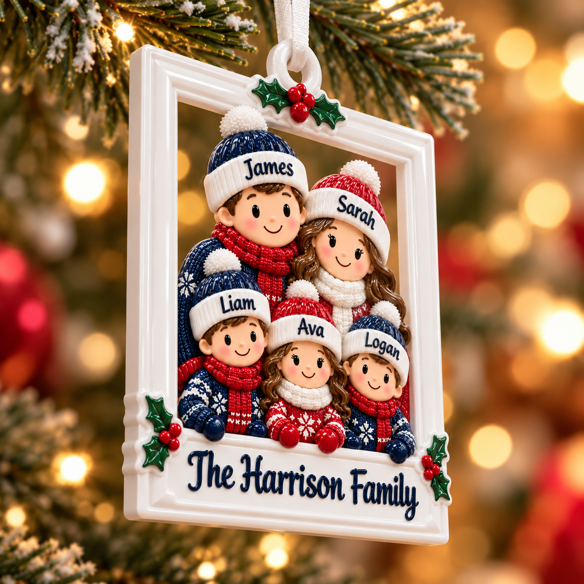 Christmas Family of 7 Winter Beanie Picture Frame Holiday Hanging - 3D Relief Ornament