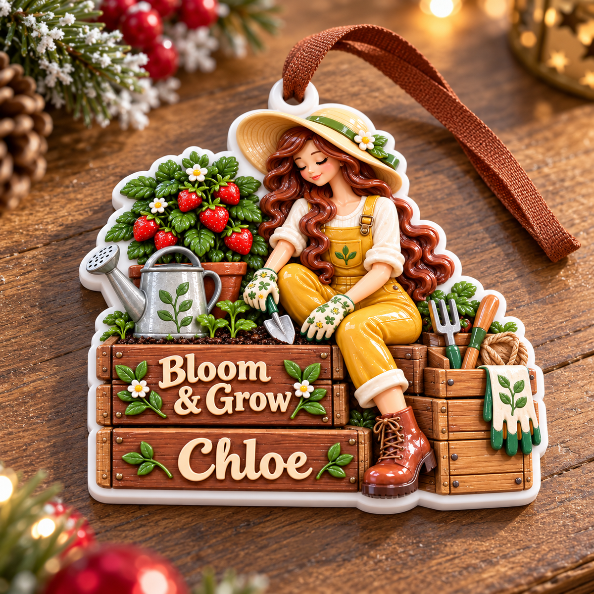 Gardening Girl with Strawberry Planter and Watering Can Holiday Hanging Keepsake - 3D Relief Ornament