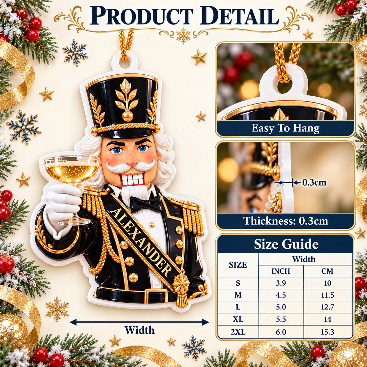 Black and Gold Soldier Nutcracker Toasting Champagne Holiday Tree Decor - 3D Relief Ornament
