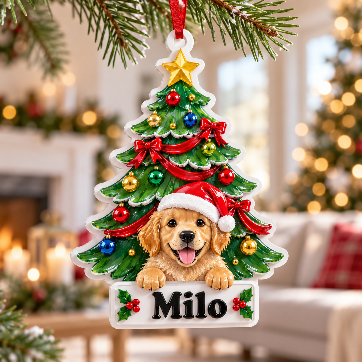 Golden Retriever Puppy Christmas Tree Hanging Holiday Decor - 3D Relief Ornament