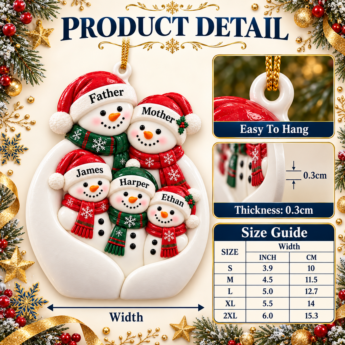 Snowman Family of 5 Hanging Holiday Tree Decoration - 3D Relief Ornament
