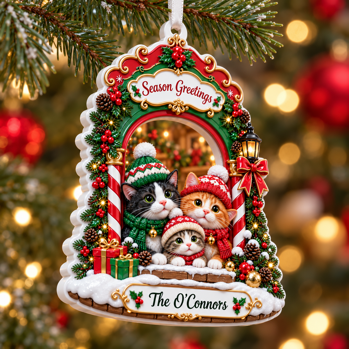 Winter Kitten Family Arch Christmas Holiday Decoration - 3D Relief Ornament