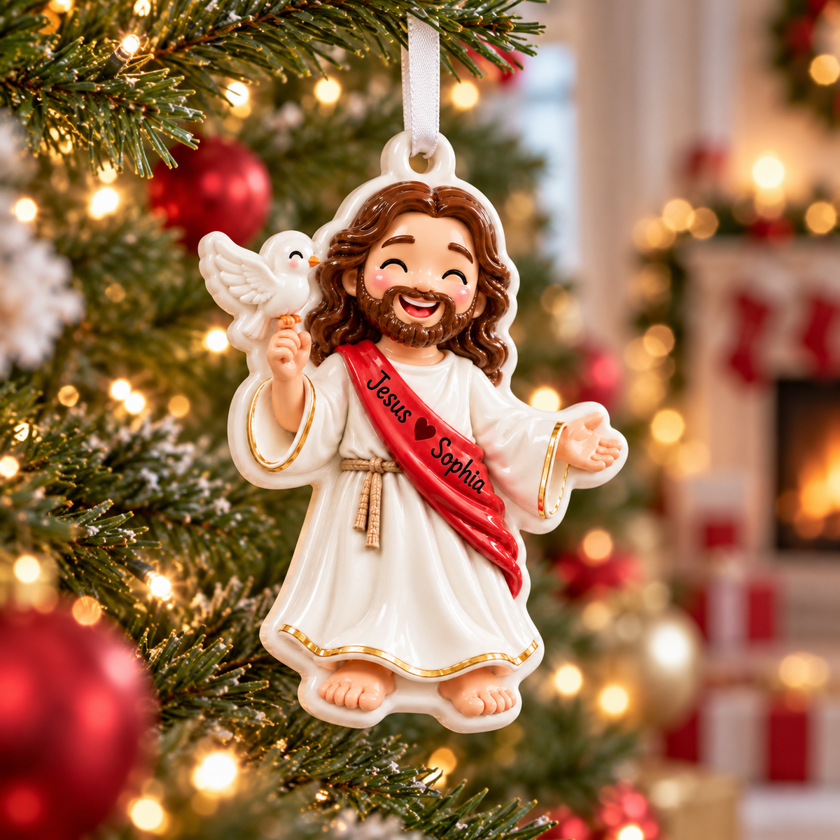 Cartoon Jesus Holding White Dove Ceramic Style Holiday Keepsake - 3D Relief Ornament