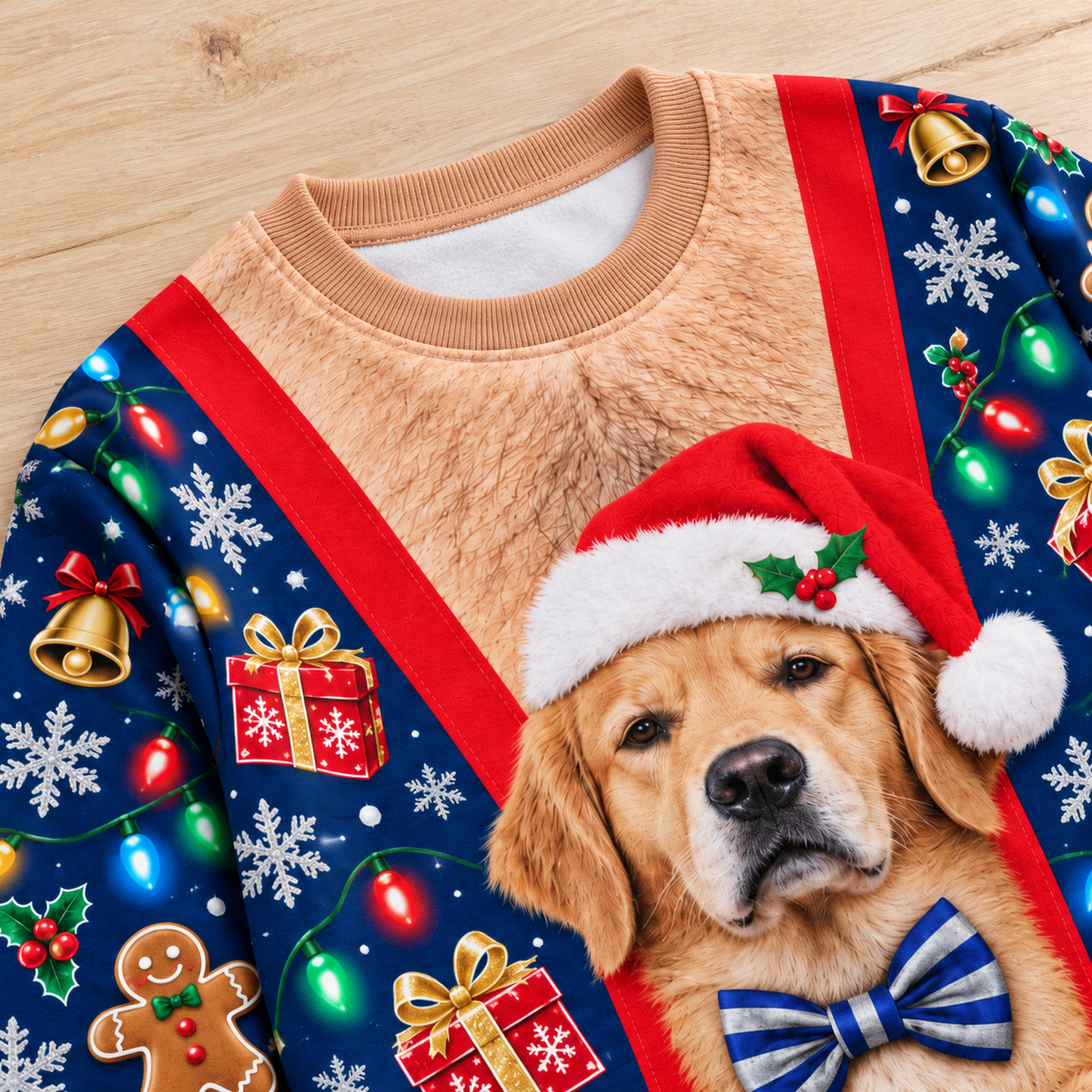 Golden Retriever Ugly Christmas Sweatshirt Faux Hairy Chest Pullover