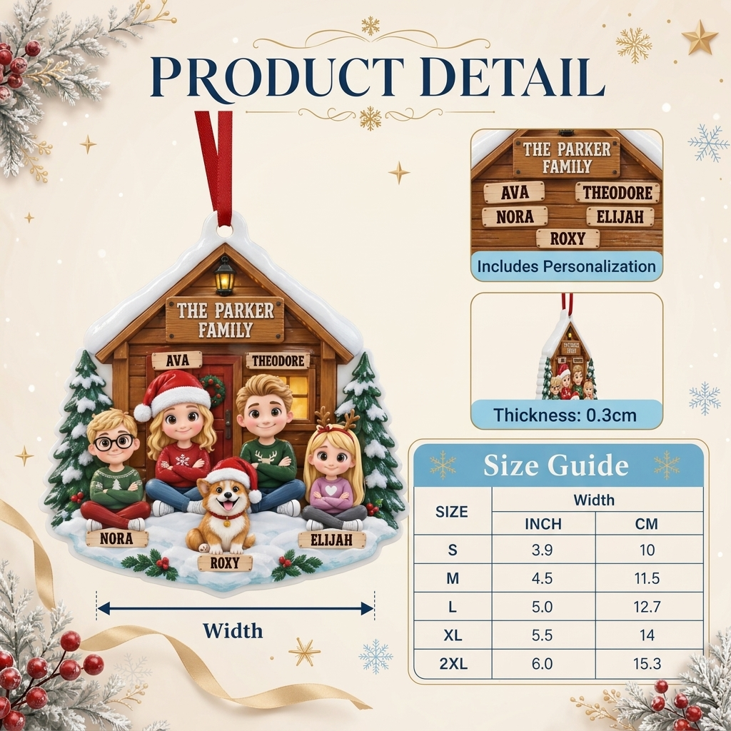 Family and Pet Dog Winter Log Cabin Christmas Tree Hanging Keepsake - 3D Relief Ornament