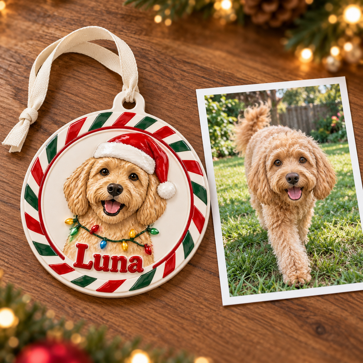 Christmas Goldendoodle Dog Holiday Medallion with Ribbon - 3D Relief Ornament