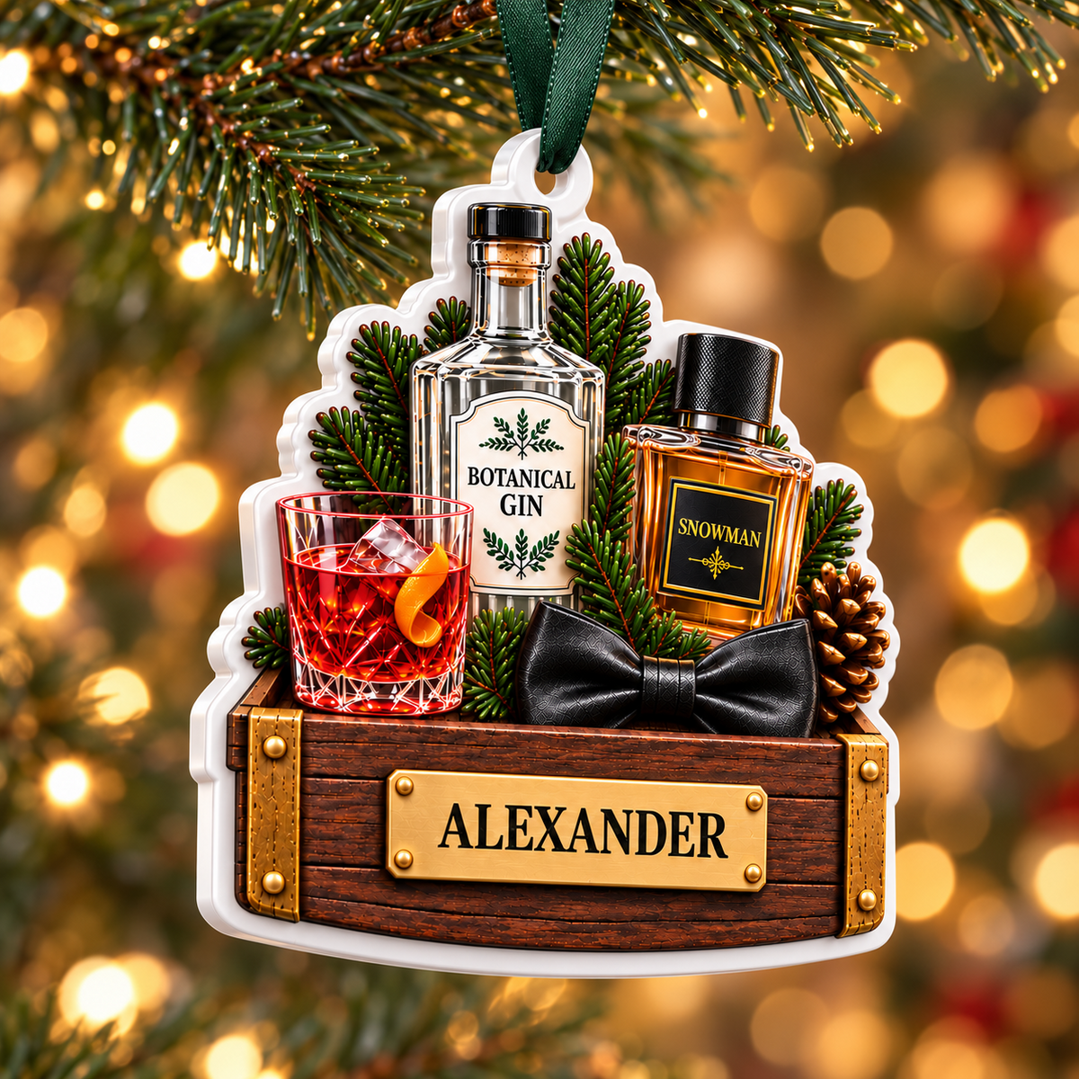 Gin Bottle Cocktail and Cologne Crate Acrylic Hanging Holiday Keepsake - 3D Relief Ornament