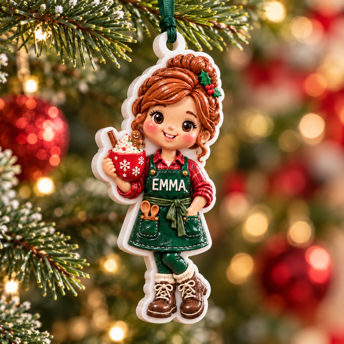 Baking Girl with Hot Cocoa and Green Apron Holiday Tree Decor - 3D Relief Ornament
