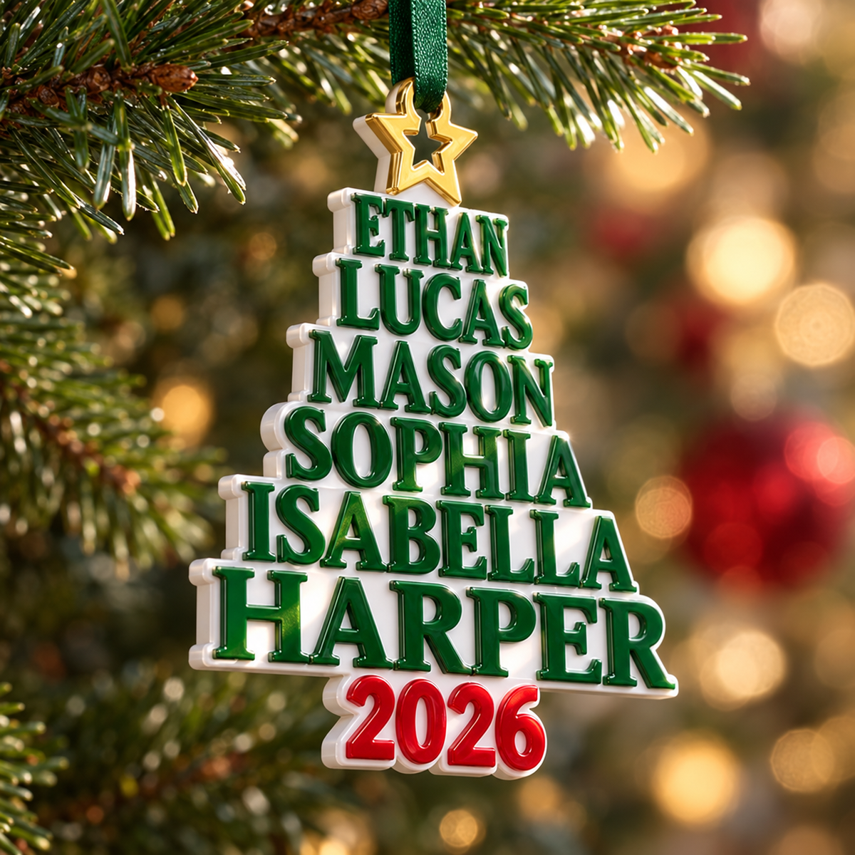 Green Stacked Name Christmas Tree Holiday Decor with Star Topper - 3D Relief Ornament