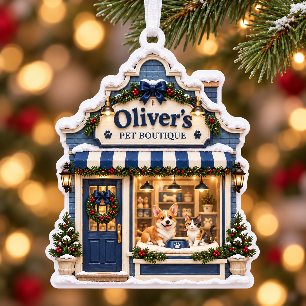 Christmas Pet Boutique Storefront Hanging Holiday Keepsake - 3D Relief Ornament