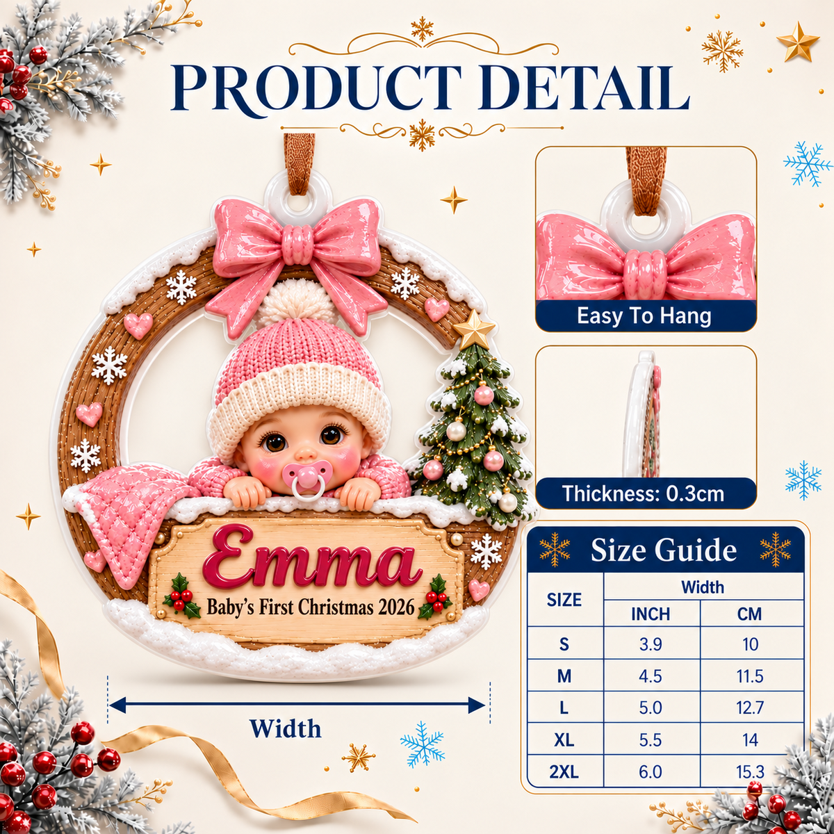 Baby Girl First Christmas Wreath with Pink Knit Beanie and Tree - 3D Relief Ornament