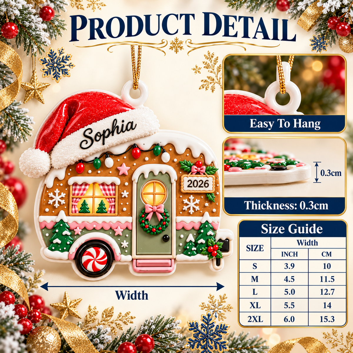 Gingerbread Camper Holiday Decoration with Santa Hat - 3D Relief Ornament