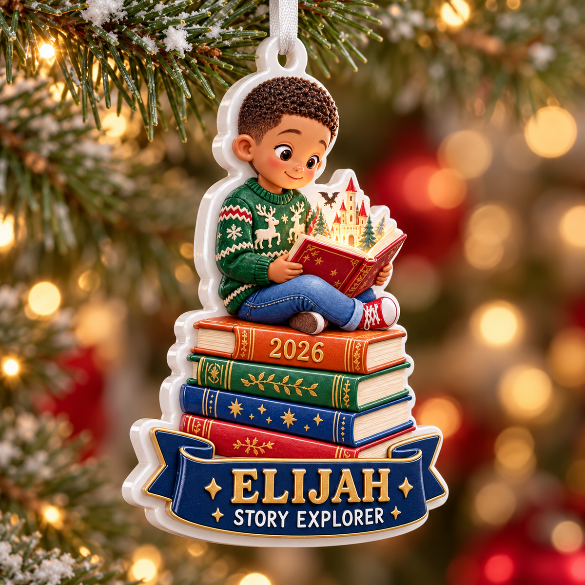 Boy Reading on Stack of Books Acrylic Holiday Keepsake - 3D Relief Ornament