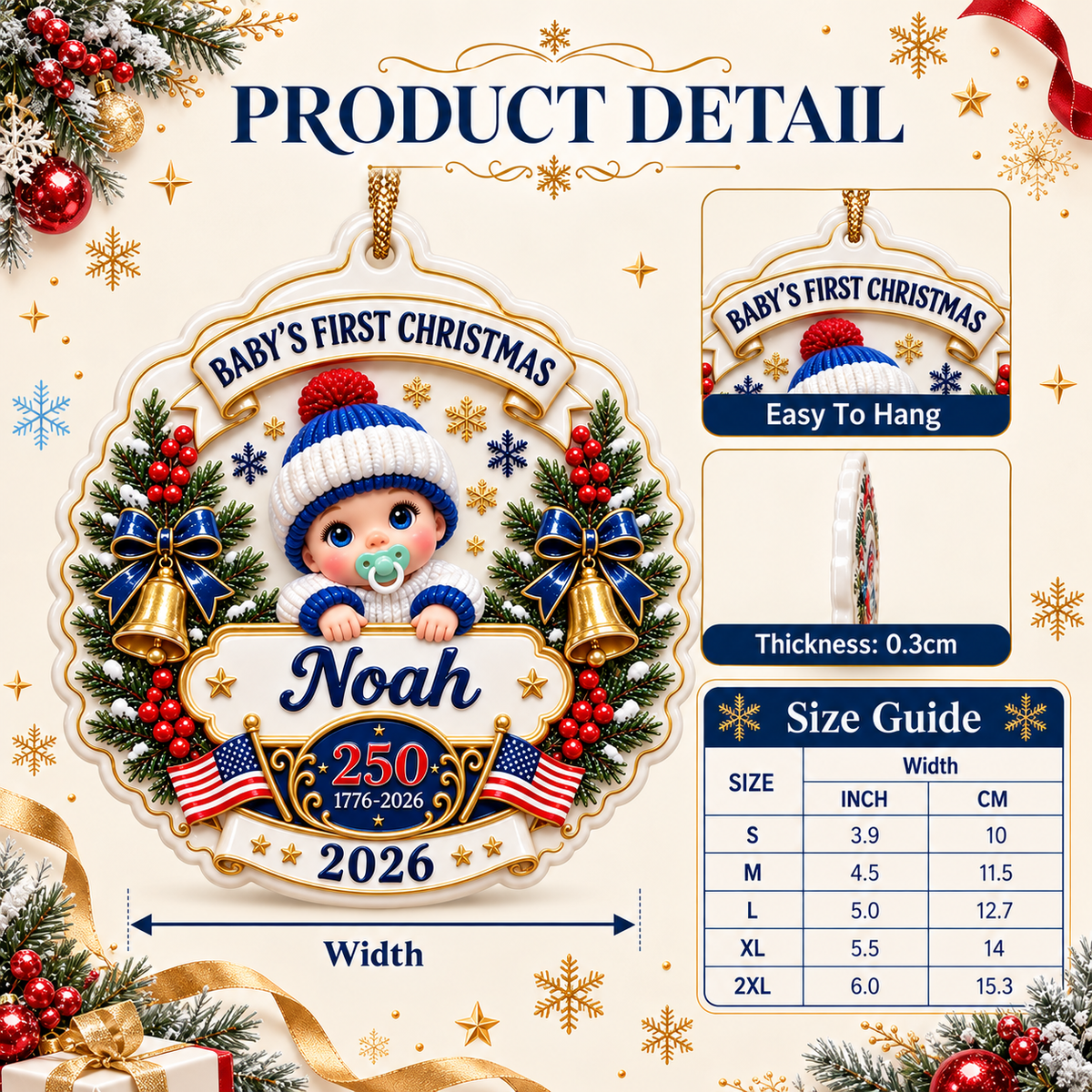 Baby's First Christmas 2026 Patriotic America 250 Hanging Plaque - 3D Relief Ornament