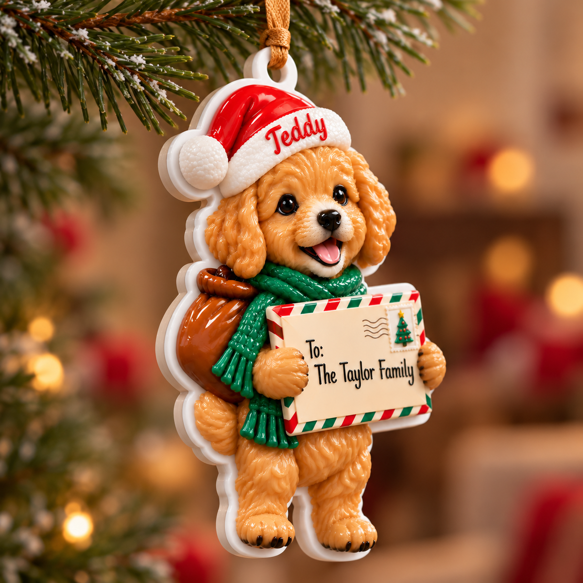 Christmas Puppy Holding Holiday Letter Hanging Tree Decor - 3D Relief Ornament