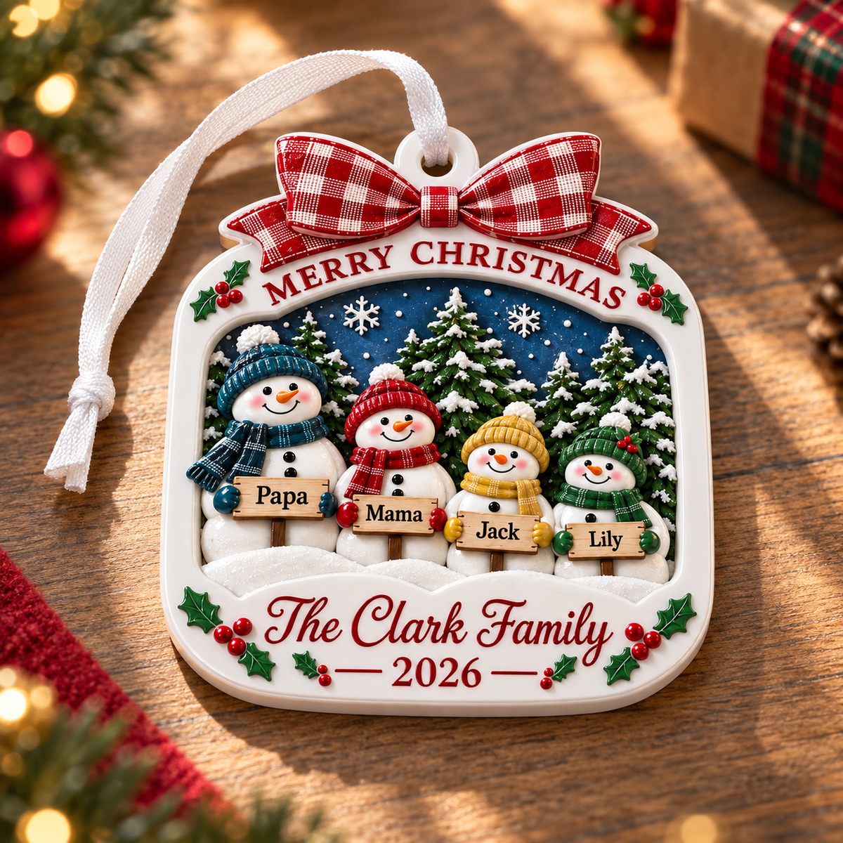 Snowman Family of 4 Christmas Tree Decoration with Red Plaid Bow - 3D Relief Ornament