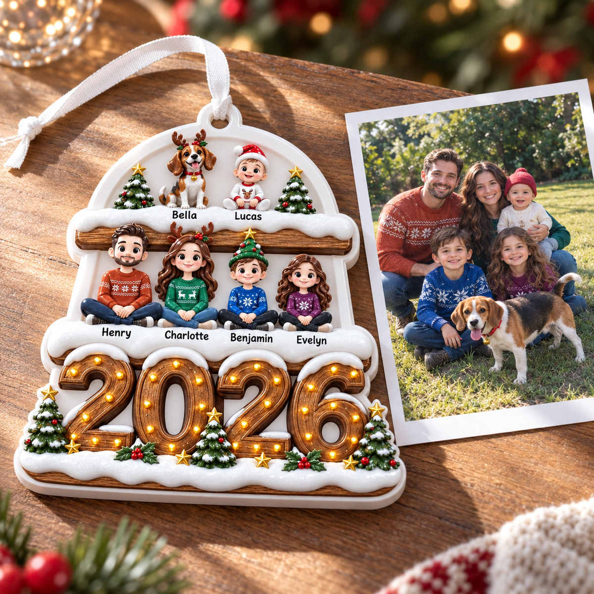 Family of Five and Dog Christmas 2026 Tiered Snow Holiday Keepsake - 3D Relief Ornament