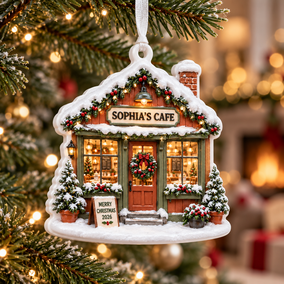 Snowy Christmas Cafe Storefront Hanging Holiday Decoration - 3D Relief Ornament