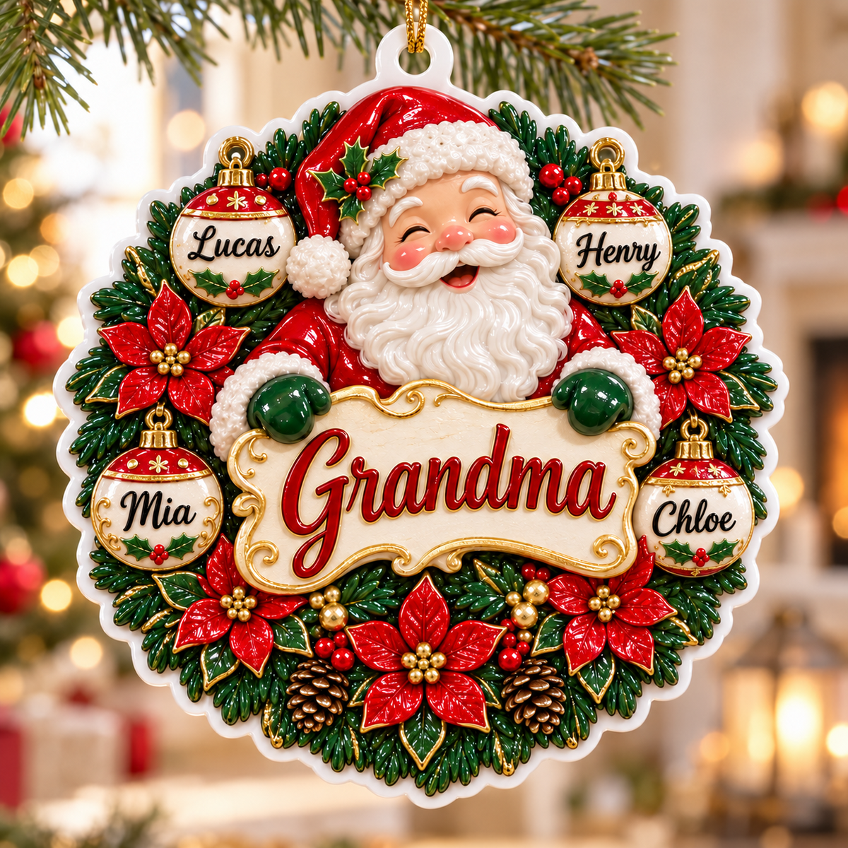 Scalloped Round White Tree Disc Acrylic Christmas Hanging Plaque - 3D Relief Ornament