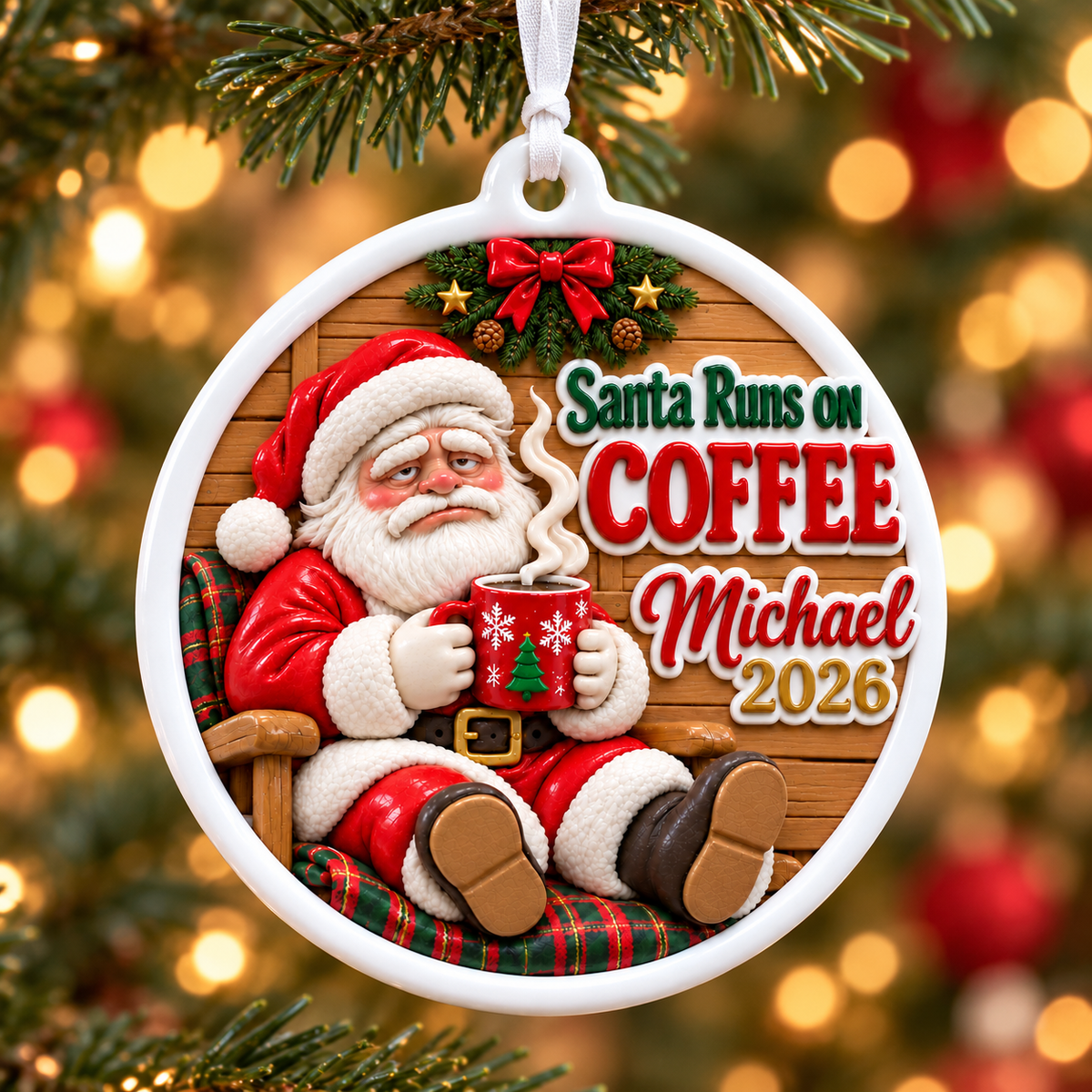 Santa Runs On Coffee Tired Holiday Medallion Hanging Keepsake - 3D Relief Ornament