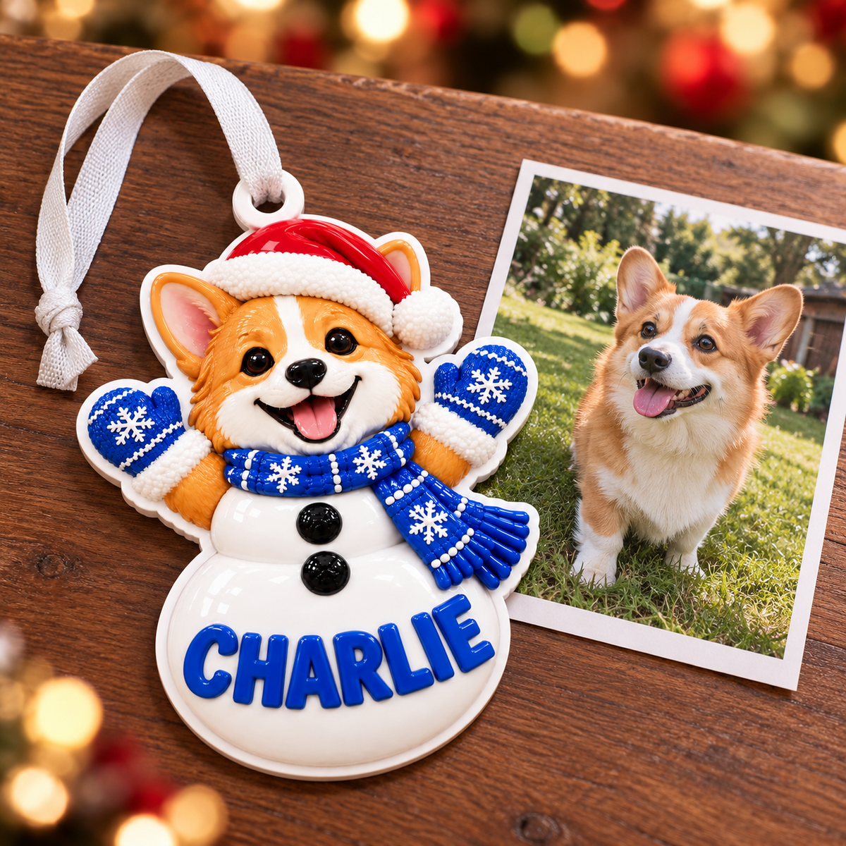 Corgi Dog Snowman with Blue Scarf and Santa Hat Acrylic Hanging Holiday Decor - 3D Relief Ornament