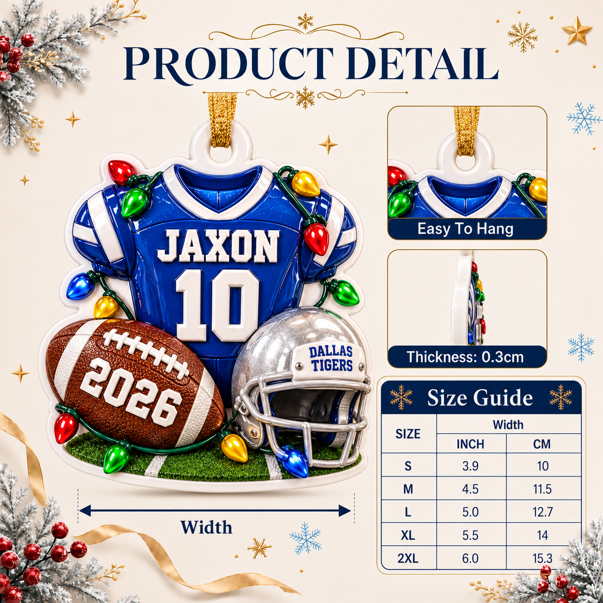 Blue Football Jersey Helmet and Ball Holiday Tree Hanging Decor with String Lights - 3D Relief Ornament