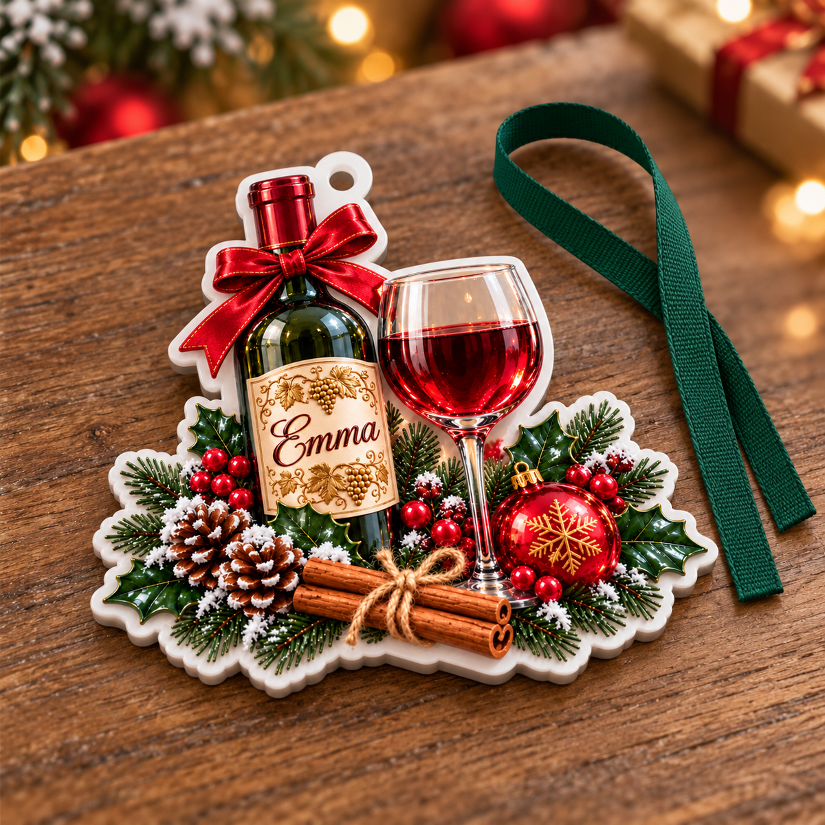 Red Wine Bottle and Glass Christmas Tree Holiday Decoration - 3D Relief Ornament