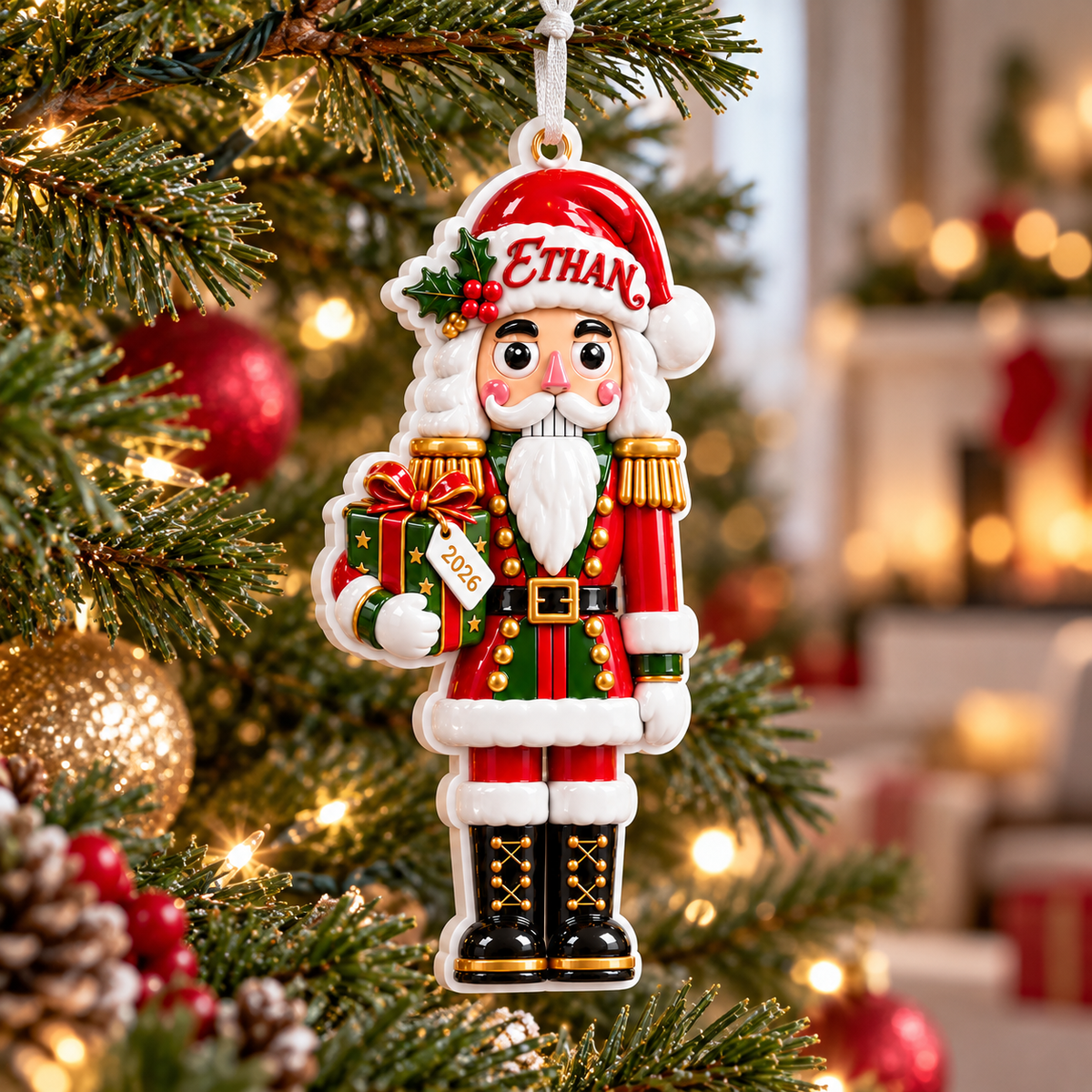 Nutcracker Soldier Holding Gift Box Acrylic Hanging Holiday Decor - 3D Relief Ornament