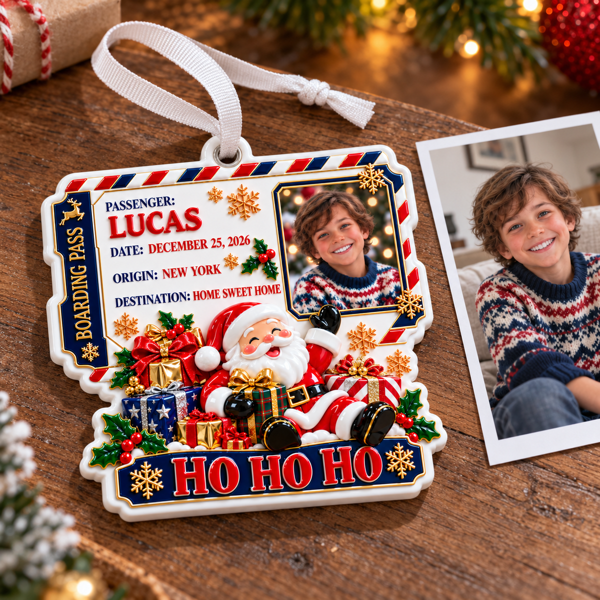 Santa Claus Boarding Pass Photo Frame Christmas Holiday Keepsake - 3D Relief Ornament