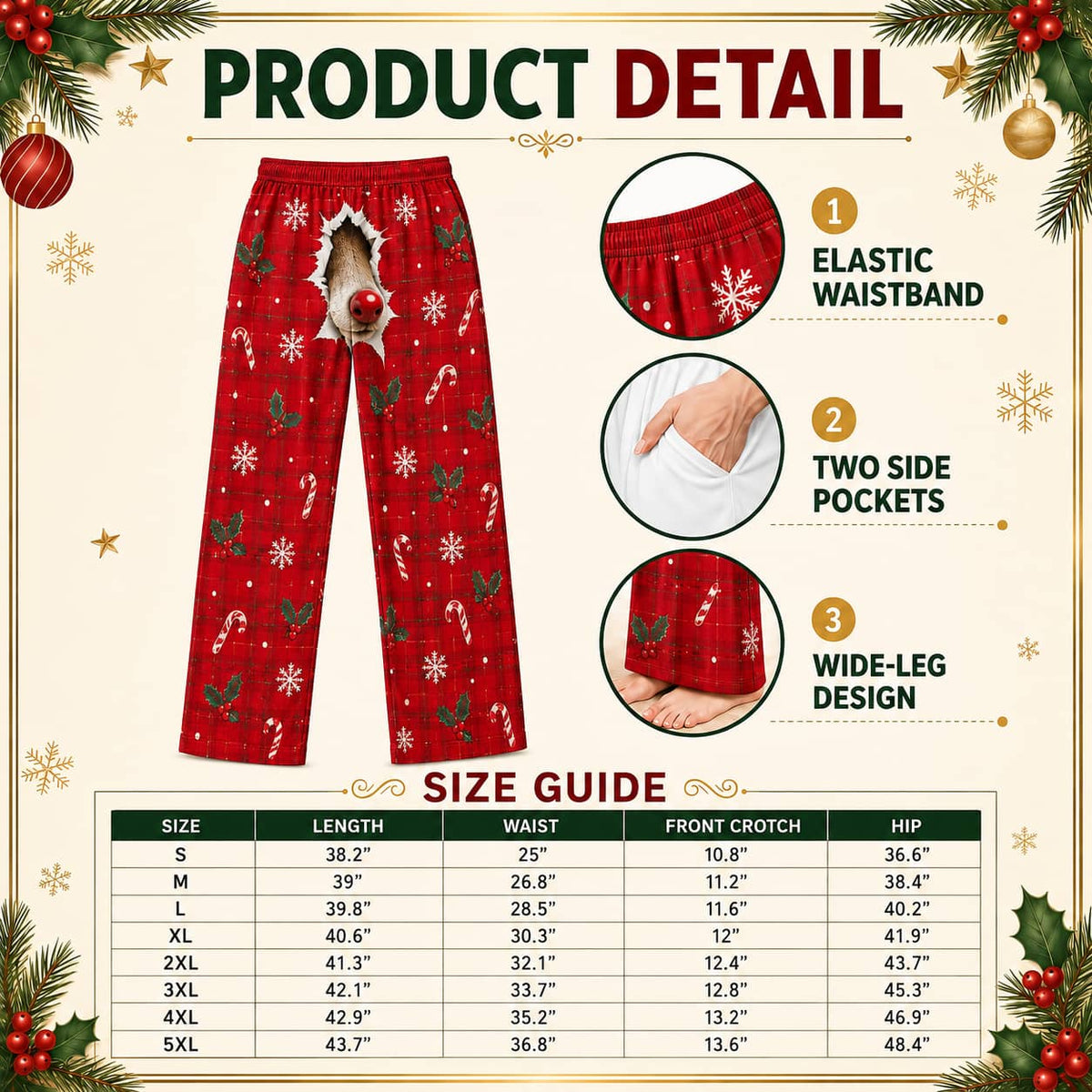 Mens Christmas Pajama Pants Red Plaid 3D Reindeer Nose Holiday Bottoms