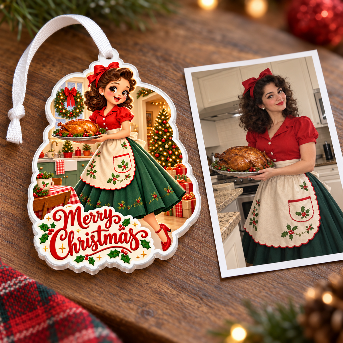 Retro Holiday Homemaker with Roast Turkey Acrylic Holiday Keepsake - 3D Relief Ornament