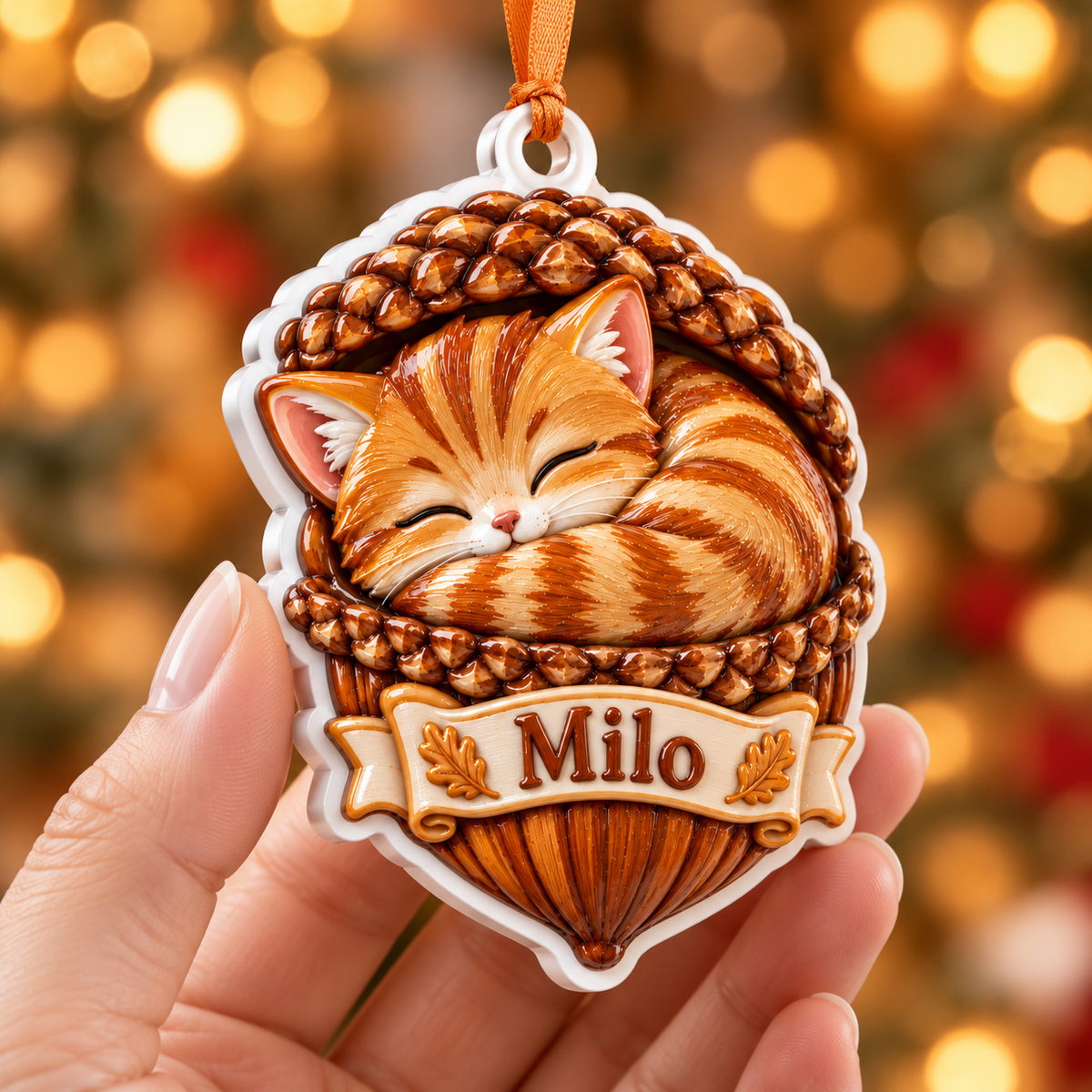 Sleeping Orange Tabby Cat in Acorn Basket Acrylic Holiday Keepsake - 3D Relief Ornament