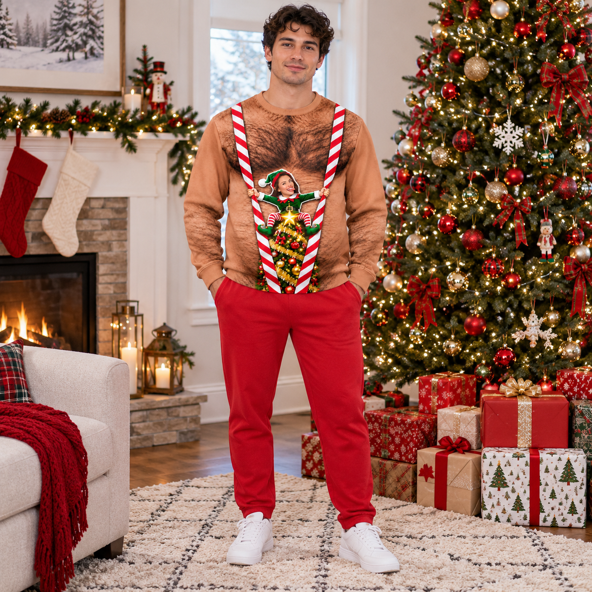 Funny Christmas Sweatshirt, Hairy Chest Elf Graphic Holiday Pullover