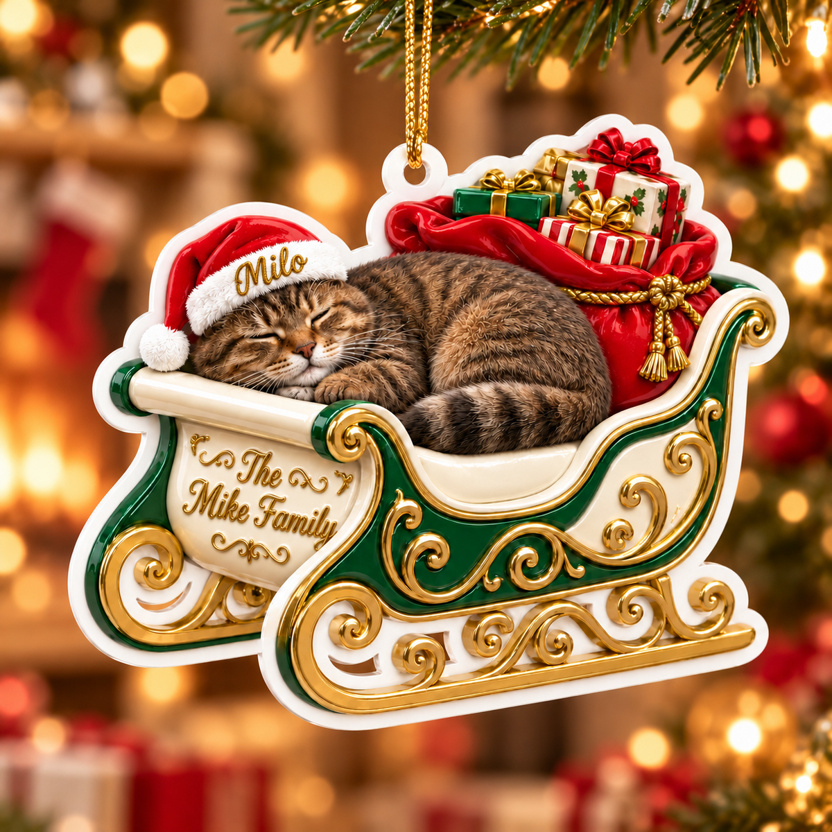 Sleeping Tabby Cat in Green and Gold Christmas Sleigh Holiday Decor - 3D Relief Ornament