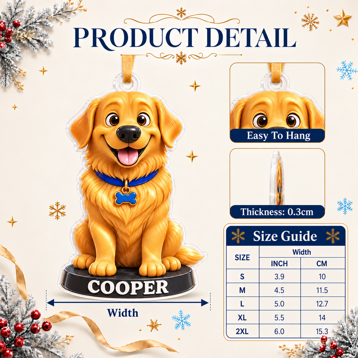 Golden Retriever Dog Holiday Tree Hanging Decoration, Yellow Puppy Figure - 3D Relief Ornament