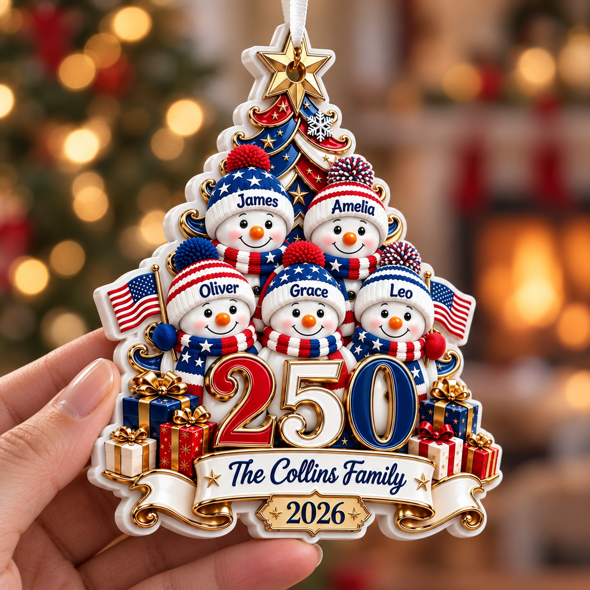 Patriotic USA 250 Snowman Family Christmas Tree Holiday Decor - 3D Relief Ornament
