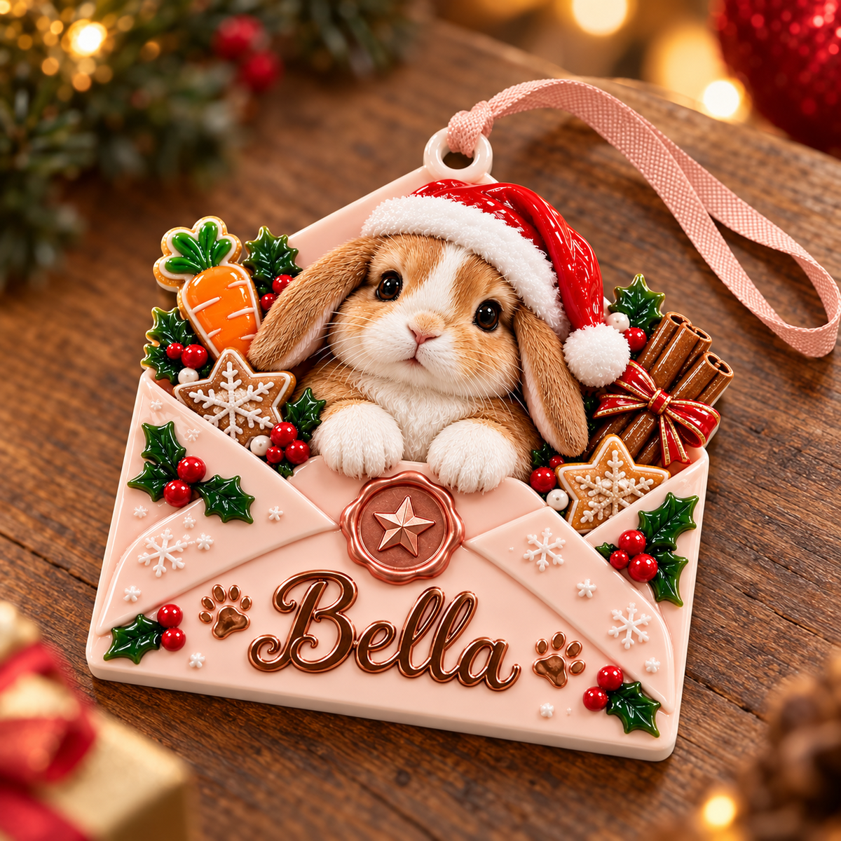 Baby Bunny in Pink Envelope Christmas Tree Pendant - 3D Relief Ornament