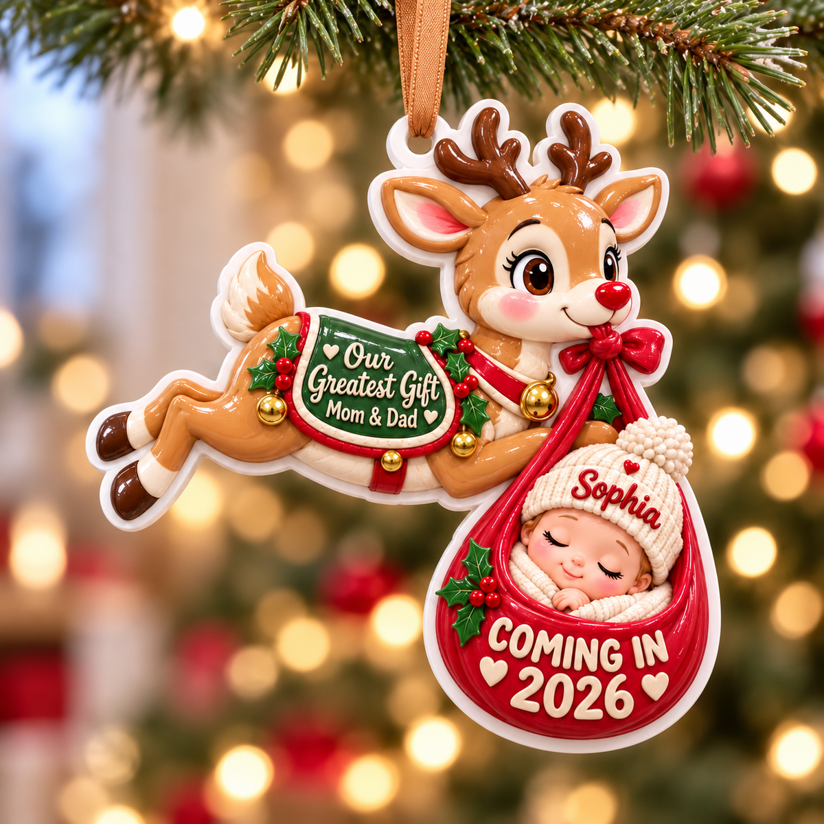 Flying Reindeer Baby Delivery Pregnancy Announcement Keepsake - 3D Relief Ornament