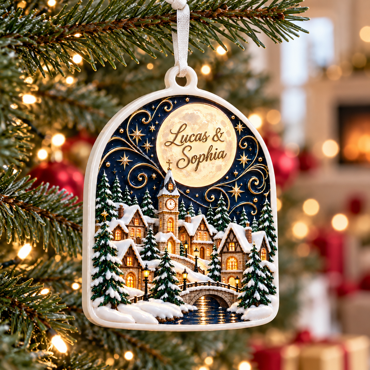Winter Village Night Scene Arch Acrylic Holiday Hanging Keepsake - 3D Relief Ornament