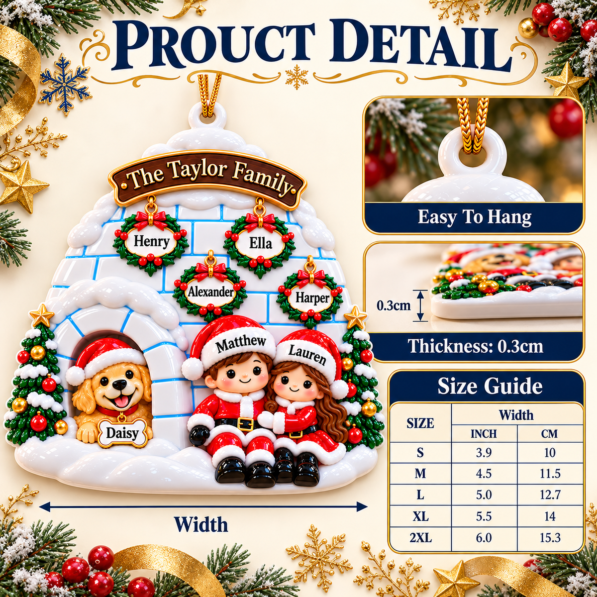 Winter Igloo Family of 6 with Dog Hanging Holiday Keepsake - 3D Relief Ornament