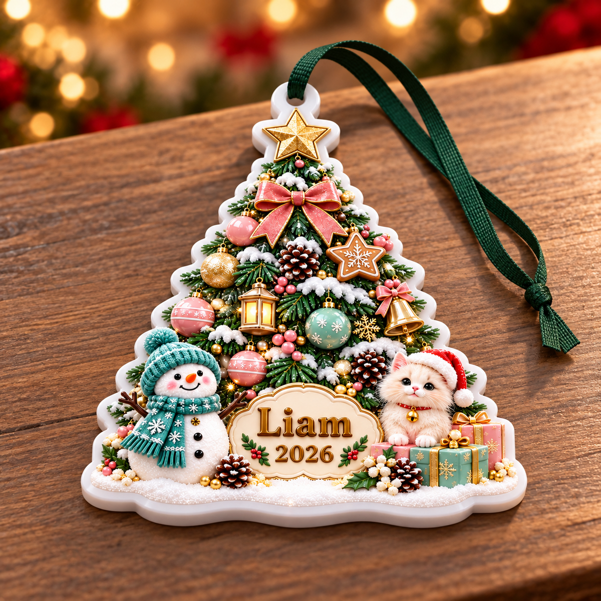 Christmas Tree with Snowman and Kitten Holiday Keepsake Plaque - 3D Relief Ornament
