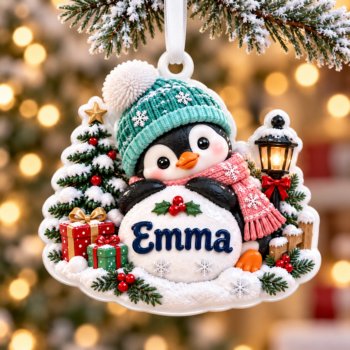 Winter Penguin with Christmas Tree and Streetlamp Holiday Keepsake - 3D Relief Ornament