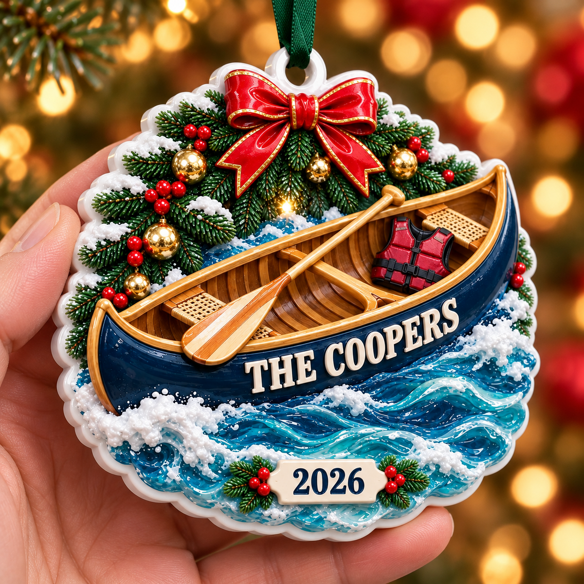 Canoe Boat on Ocean Waves with Pine and Bow Holiday Keepsake - 3D Relief Ornament