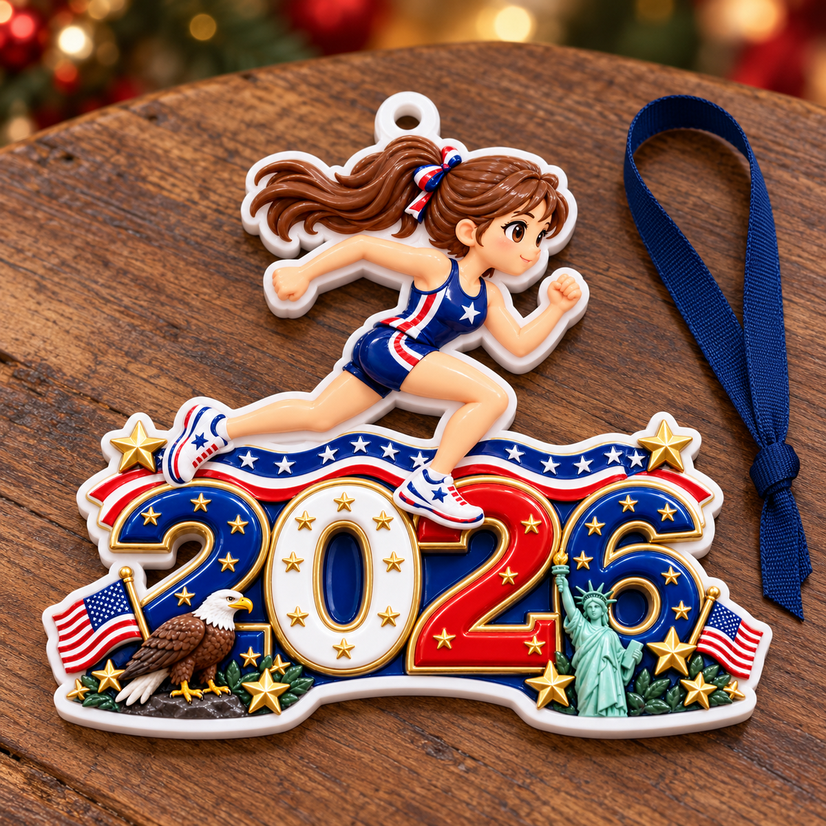 Female Runner 2026 Patriotic USA Track and Field Athlete - 3D Relief Ornament