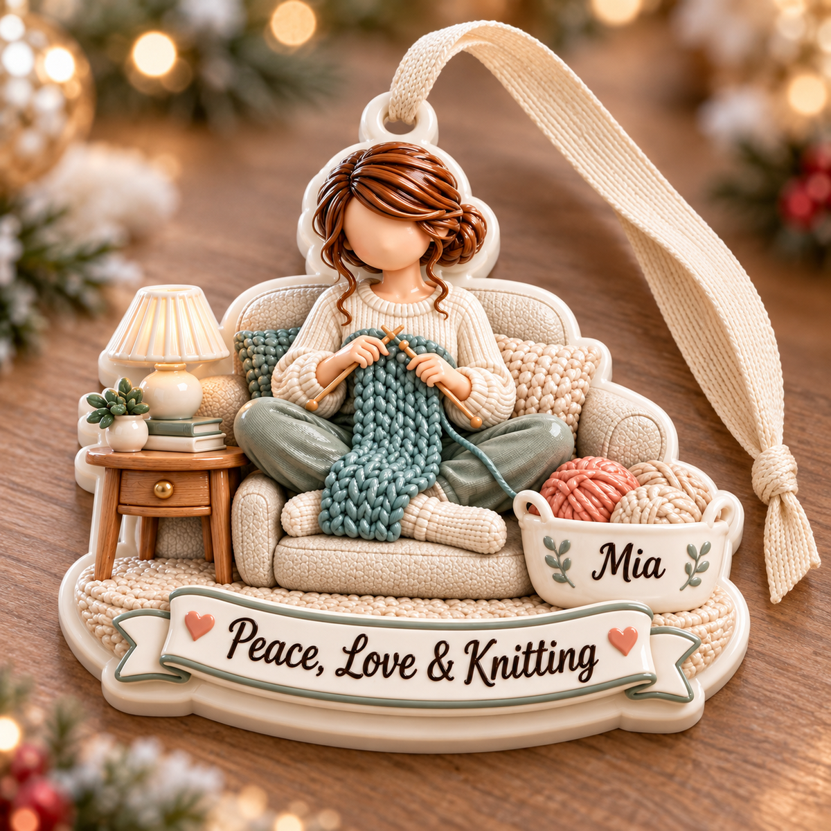 Woman Knitting in Armchair Holiday Keepsake with Yarn Basket - 3D Relief Ornament