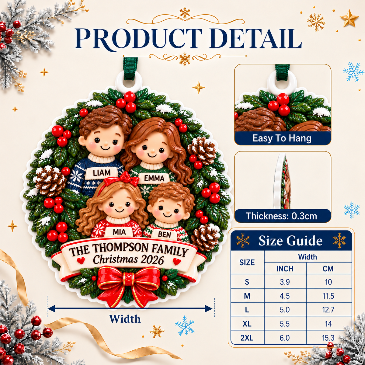 Family of Four Christmas Wreath Medallion with Red Ribbon Bow - 3D Relief Ornament