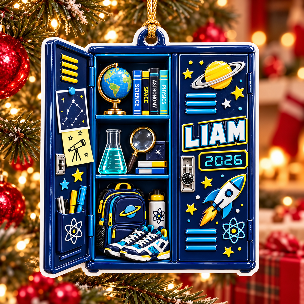 Blue School Locker Astronomy Science Theme Hanging Keepsake - 3D Relief Ornament