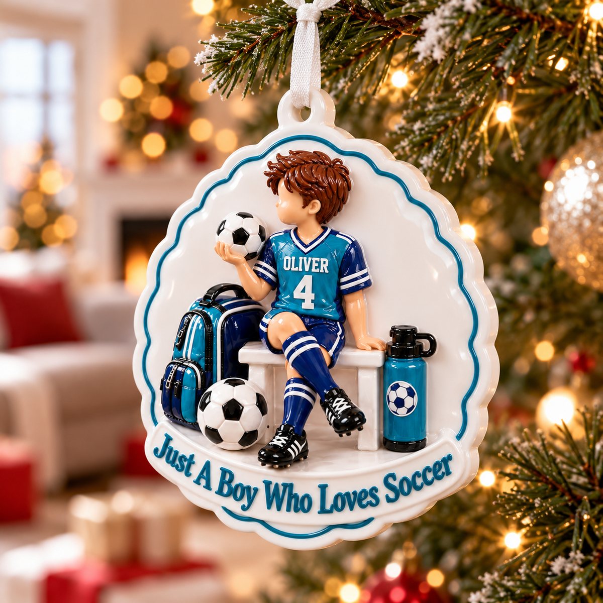 Soccer Boy Player Bench Holiday Keepsake with Scalloped Edge - 3D Relief Ornament