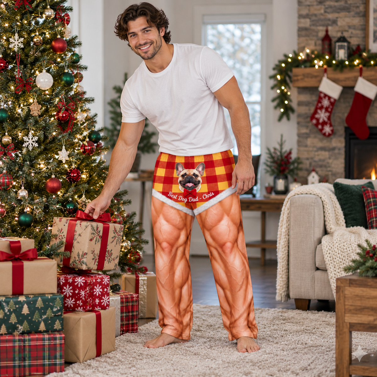 Mens Pajama Pants Muscle Leg Dog Print Plaid Holiday Loungewear